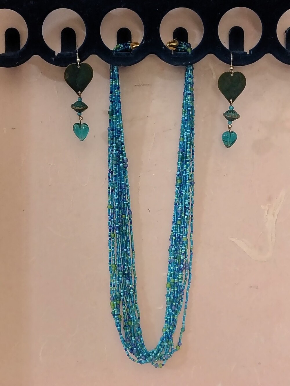Vintage Teal Blue 10 Strand Seed Bead Necklace 23" & Heart Dangle Earrings Set